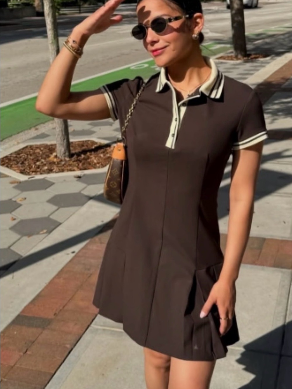 ZARA NWT Brown Pleated Polo Mini Dress Contrast Collar Size M